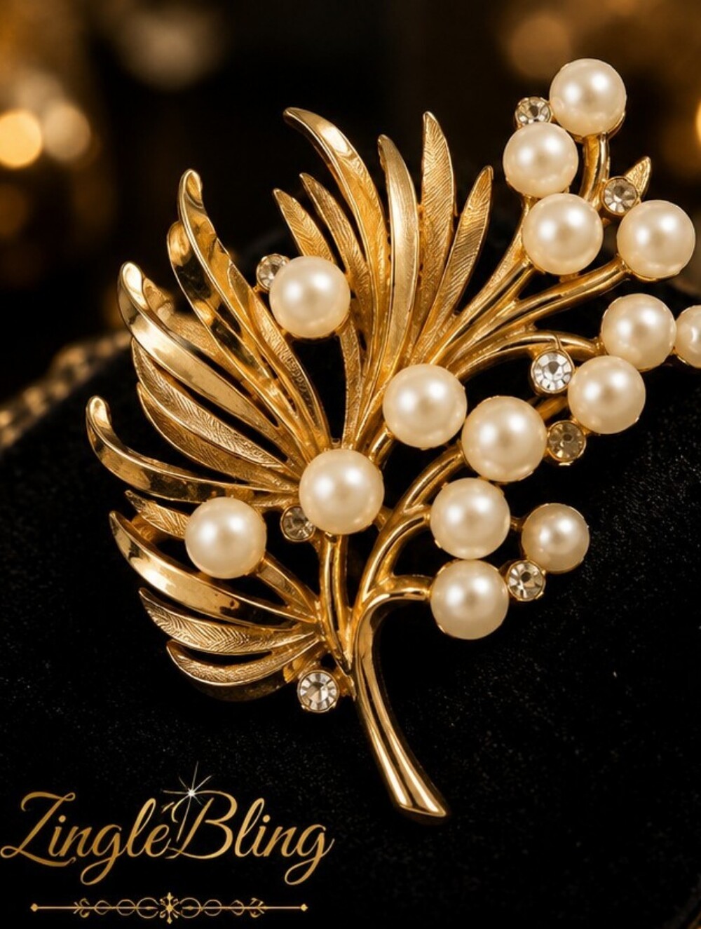 Vintage Trifari Gold Tone Faux Pearl Rhinestone Floral Spray Brooch Pin Signed